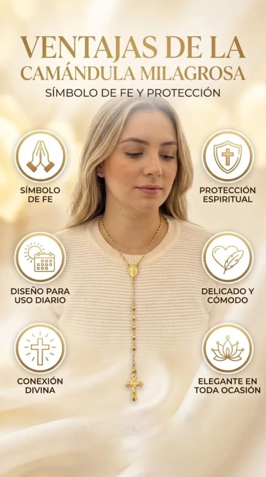 Rosario de Dama de 45cm de 4mm de virgen Milagrosa en Oro Laminado 18k